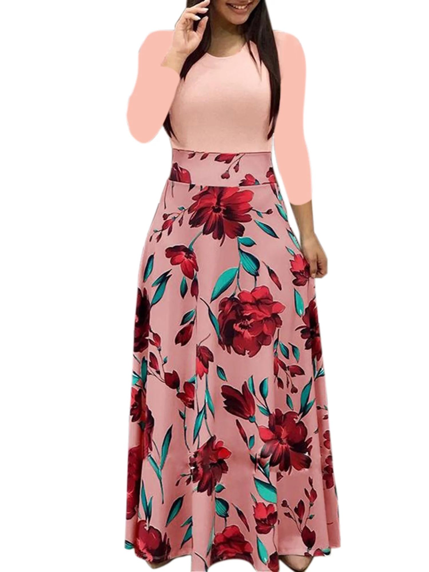 Ladies Long Sleeve Floral Boho Women Party Beach Bodycon Skirt Maxi Dress Clothing Sundress | Walmart (US)
