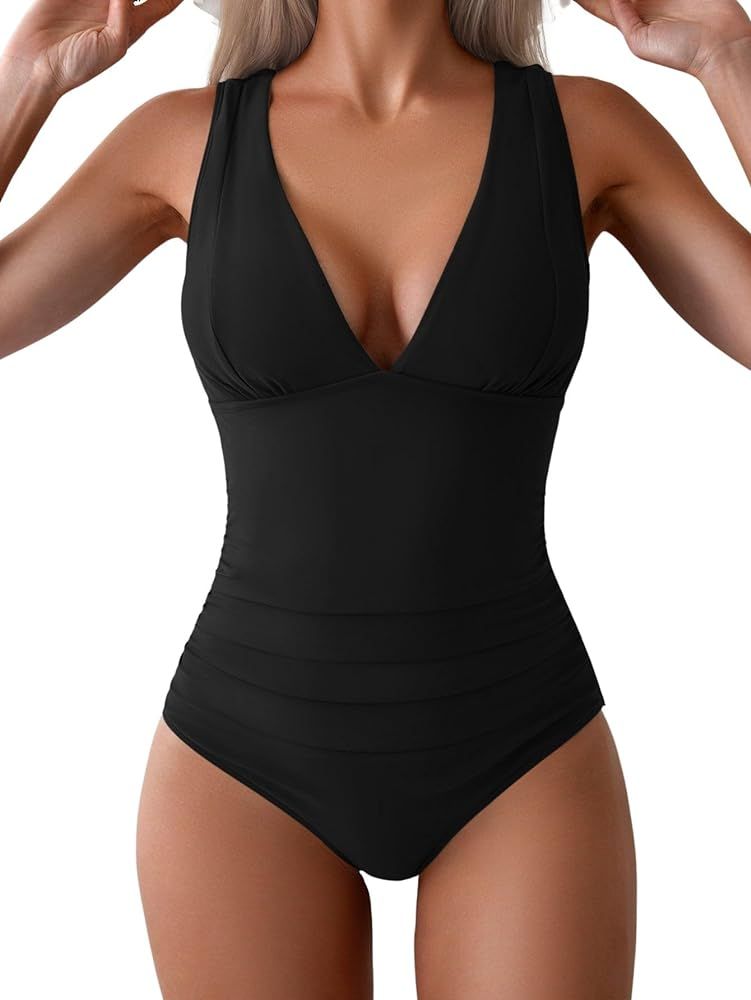 Eomenie Women's One Piece Swimsuit Slimming Tummy Control Bathing Suit Wide Straps Plunge V Neck ... | Amazon (US)