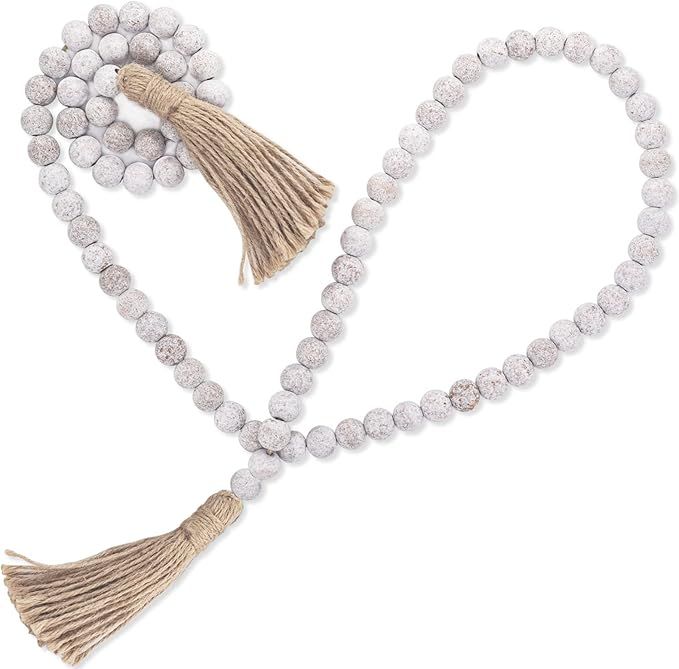 Occan Wood Bead Garland White Wash Boho Home Decor Prayer Beads Farmhouse Beads with Tassel 58 in... | Amazon (US)