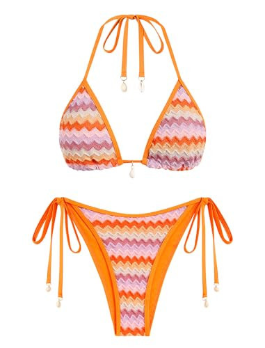 ZAFUL Women's Colorblock Stripes Triangle Halter Tied Cheeky Thong Bikini Set High Cut Two Piece Bathing Suit (2-Orange, S) | Amazon (US)