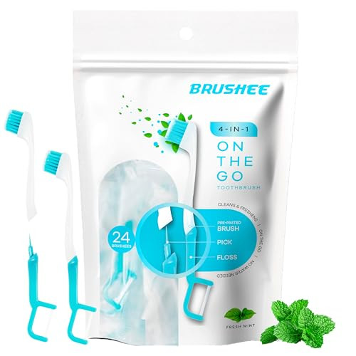 Brushee - The Evolution of Oral Care | 4-in-1 Tool (Paste + Brush + Floss + Pick) | Individually Wrapped | Disposable | Prepasted Travel Toothbrushes | Small Adult Toothbrush - (120-Pack) | Amazon (US)
