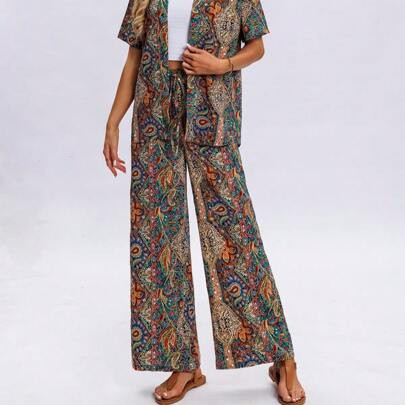 New Spring/Summer Paisley Print Elegant Ladies 2pcs Set: Casual Loose Short Sleeve Top And Wide Leg Pants, Retro Boho Style For Holiday, Home, Office | SHEIN