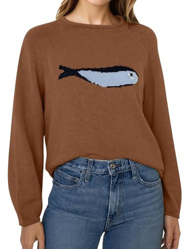 Ythomm Womens Fish Graphic Sweaters Mock Turtleneck Long Sleeve Knit Tops Rolled Trim Fun Graphic Ribbed Pullover Sweater Brown | Amazon (US)
