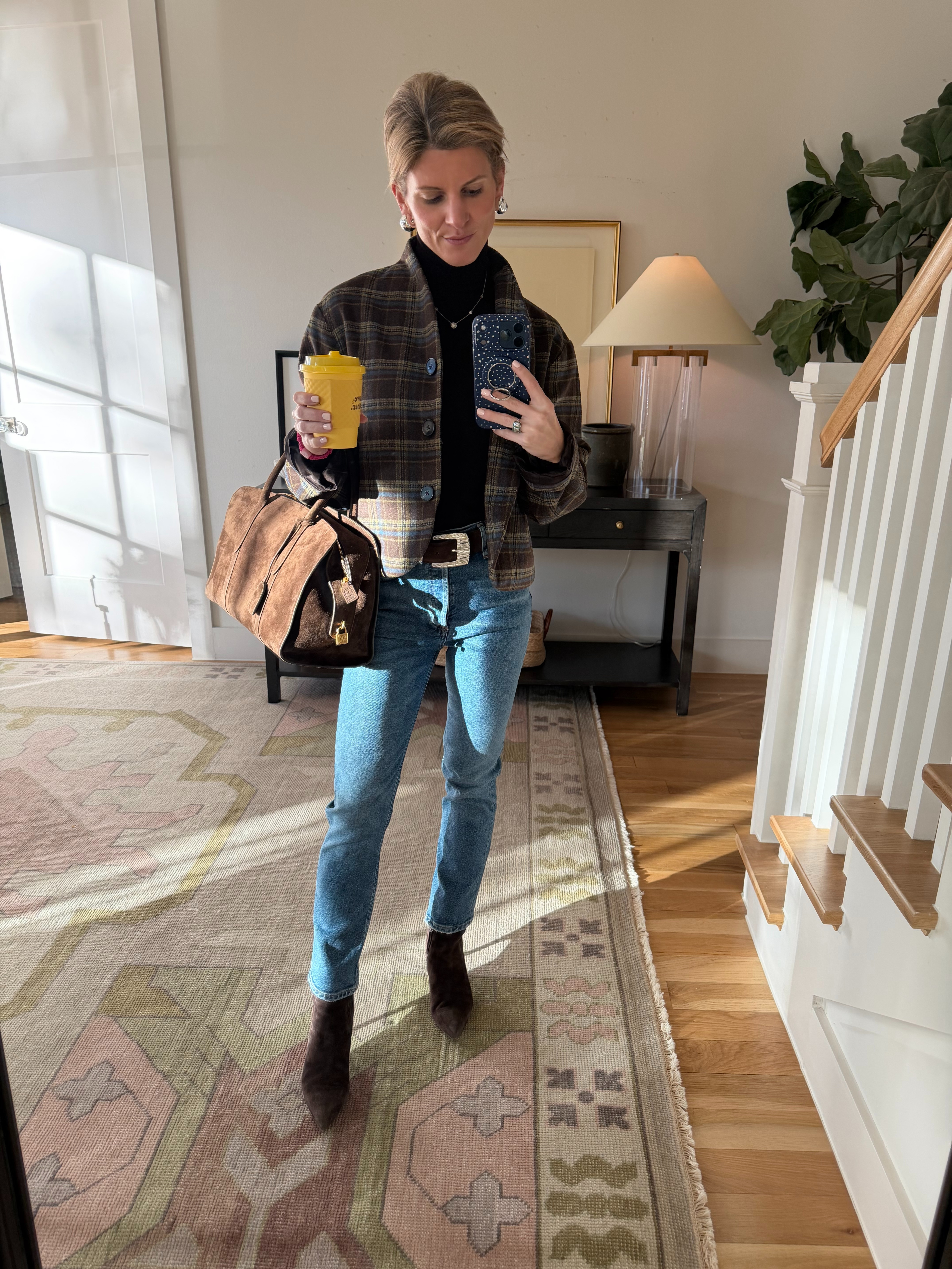 Reformation plaid jacket (XS) and favorite straight leg jeans (the arlo). Bag is parisa wang 

 