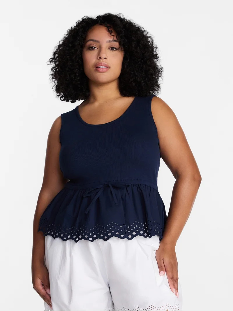 Time and Tru Women's Eyelet Trim Tank Top with Peplum Hem, Sizes XS-XXXL | Walmart (US)