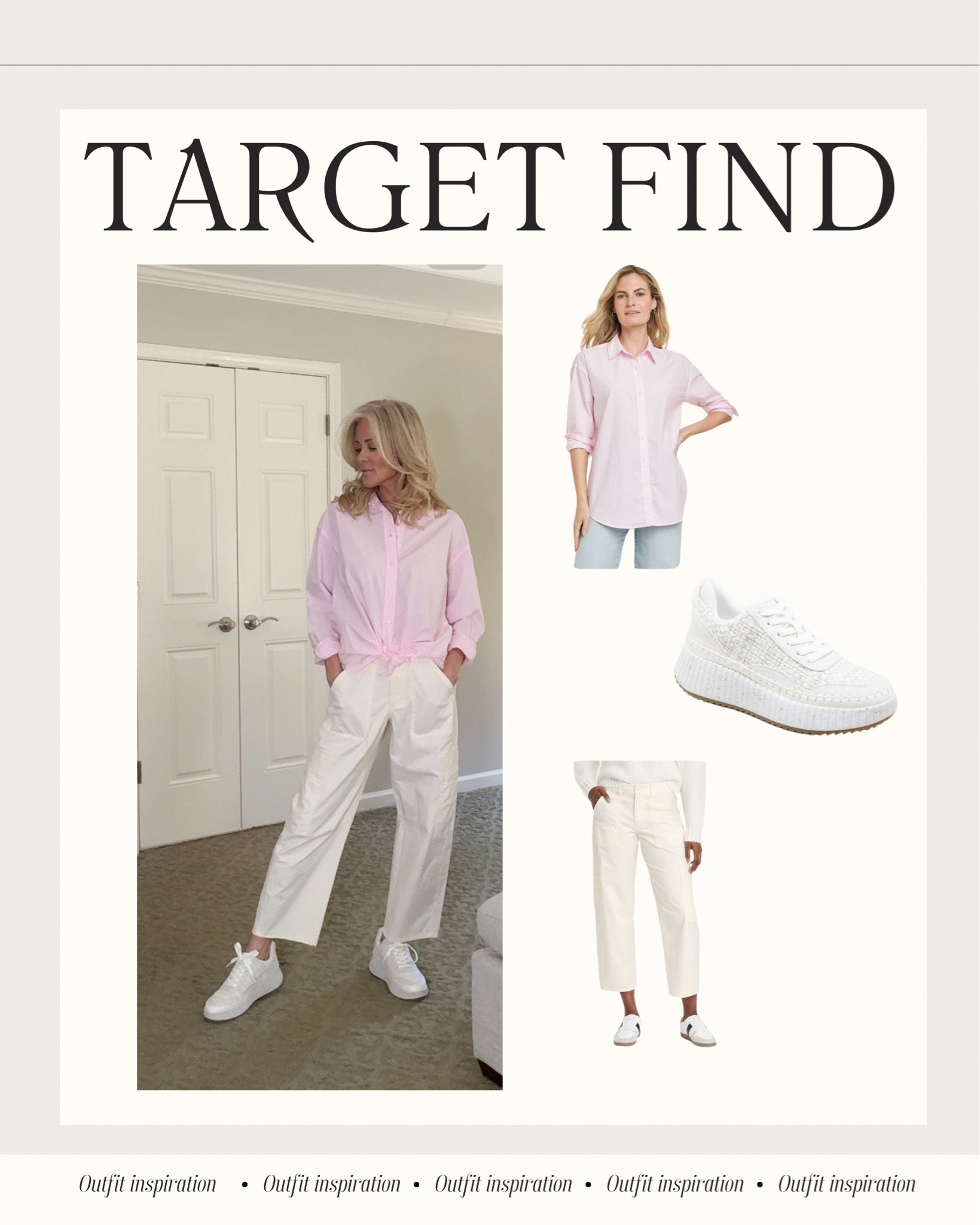 Perfect spring outfit. Pants fit baggy and are very soft. Pink shirt is oversized naturally for a comfortable fit. Thin soft fabric. Shoes are more neutral white not bright. Thick sole and comfortable to wear all day. 

#LTKOver40 #LTKFindsUnder50