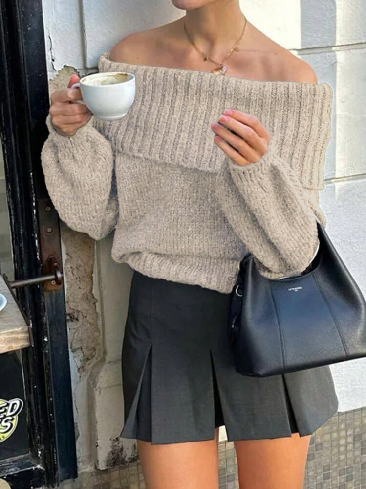 INAWLY Women's Solid Color Off-Shoulder Long Sleeve Simple Sweater, Casual Daily Wear,Long Sleeve Tops Knit Pullover Fall Winter Outfit | SHEIN