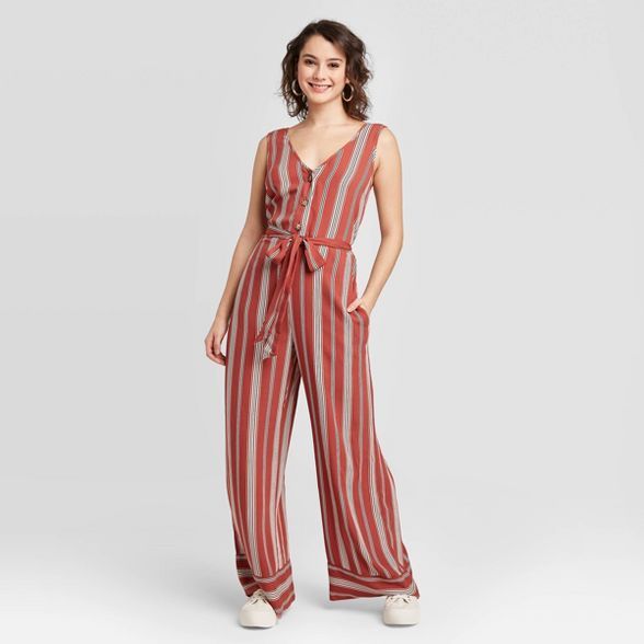 Women's Striped Sleeveless V-Neck Button Front Belted Jumpsuit - Xhilaration™ Coral | Target