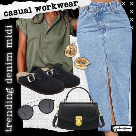 Casual workwear look, denim midi skirt, blouse, handbag, purse, sunglasses, mules 

#LTKSeasonal #LTKunder100 #LTKstyletip