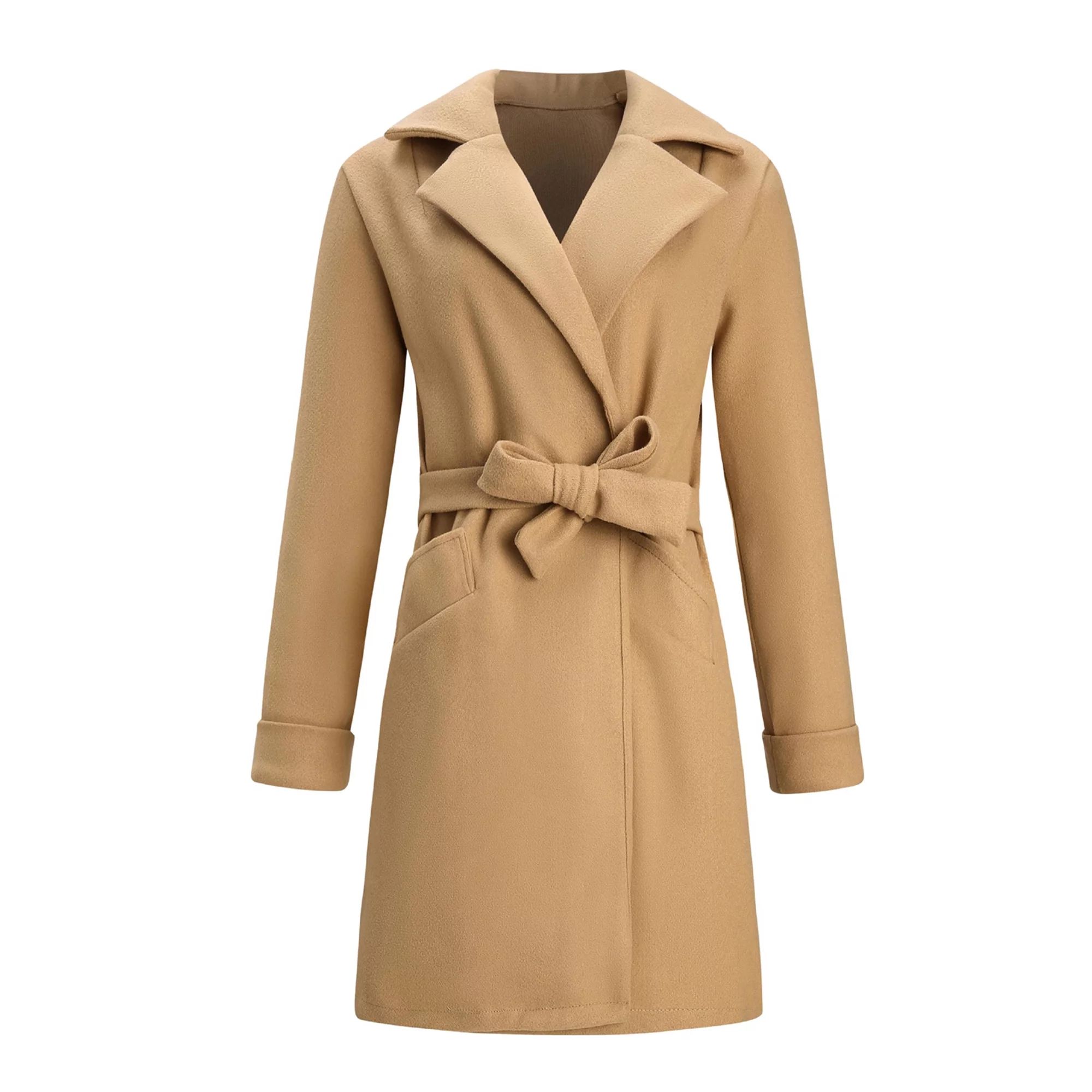 Women Trench Coat Long Sleeve Pea Coat Lapel Warm Open Front Belted Long Jacket Overcoat Outwear ... | Walmart (US)