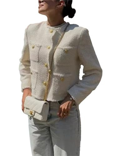 hathne Women's Tweed Blazers Jackets Casual Long Sleeve Button Down Cropped Jacket Coat Tops with Pockets(White,M) | Amazon (US)