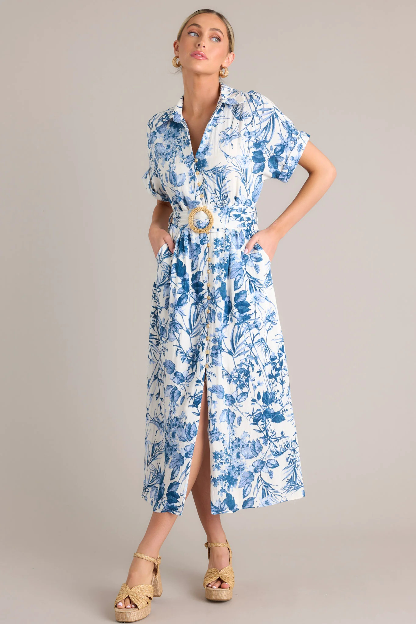 Springtime Splendor White & Blue Floral Belted Midi Dress | Red Dress