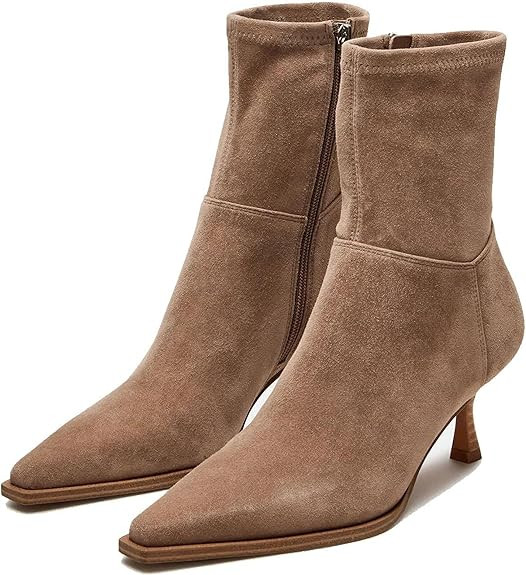 Atsroel Womens Brown Suede Fall Boots with Side Zip, Ankle, Mid Calf, Pointed Toe, Kitten Heel, D... | Amazon (US)