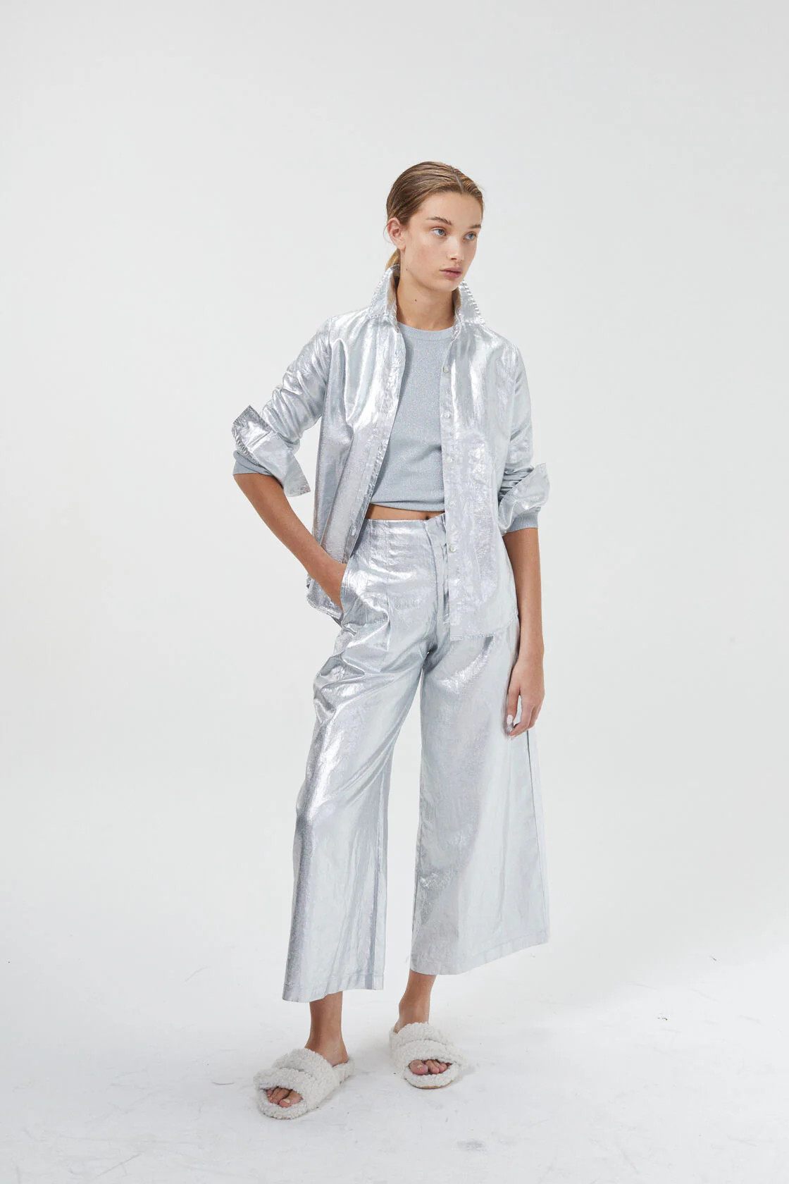 Culotte Metallic Linen Pants - New Silver | Lanhtropy