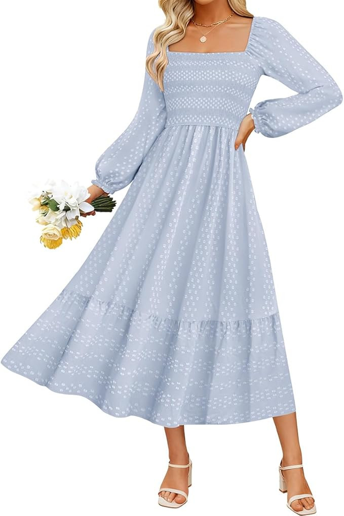 RITERA Plus Size Fall Dresses for Curvy Women Maxi Wedding Guest Long Sleeve Smocked Swiss Dot Wi... | Amazon (US)