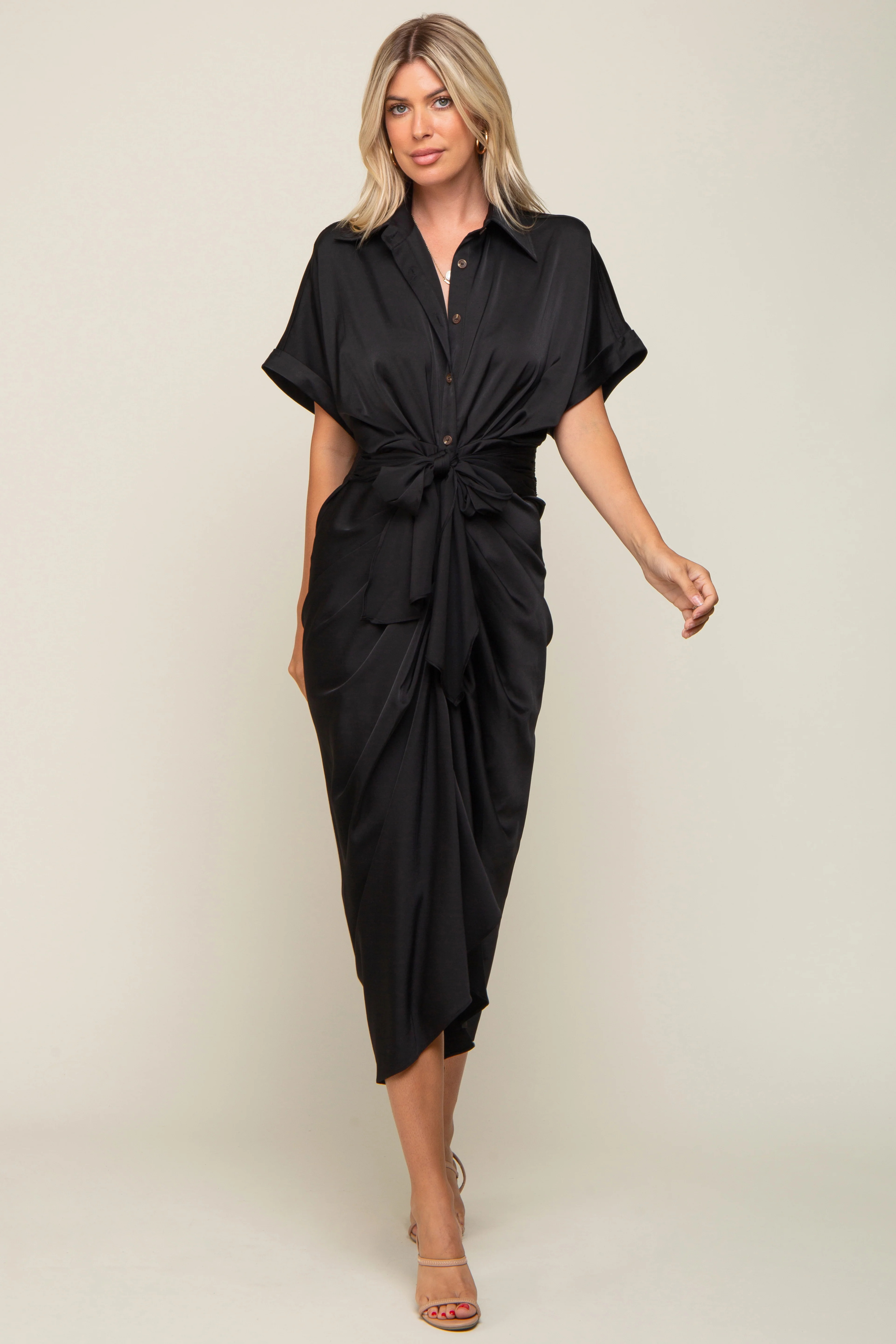 Black Satin Button Down Gathered Midi Dress | PinkBlush Maternity