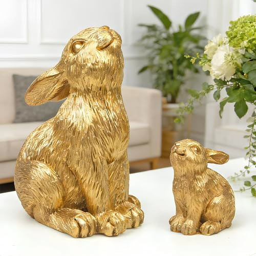 PaLuQiYa Resin Gold Bunny Decor Rabbit Figurines, Small Easter Bunny Figurine Set of 2, Easter Rabbit Statues for Spring Tabletop Decor | Amazon (US)
