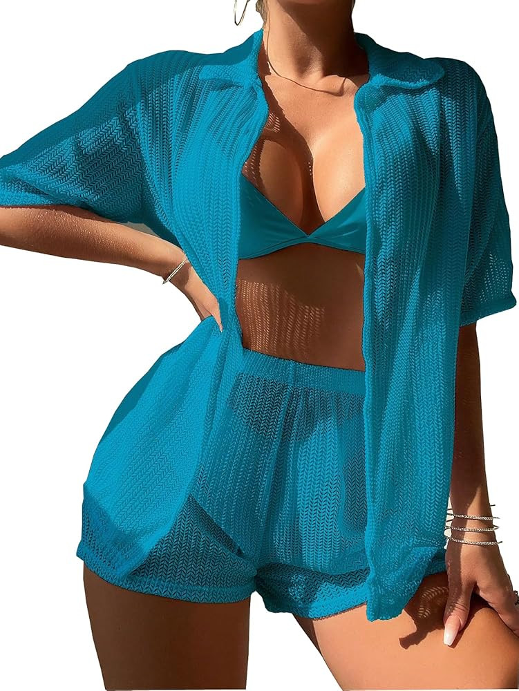 Milumia Women's 2 Piece Cover Ups Set Short Sleeve Open Front Kimono Swimsuit Coverup with Shorts | Amazon (US)