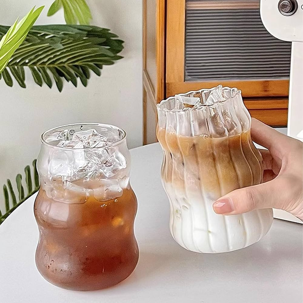 2 Pcs Ribbed Glass Cups 18 Oz Vintage Drinkware Wavy Ribbed Design Ideal for Iced Coffee Beverage... | Amazon (US)