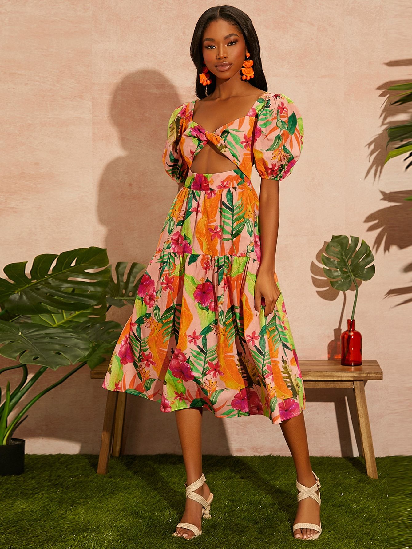 SHEIN Tropical Print Twist Front Cutout Dress | SHEIN