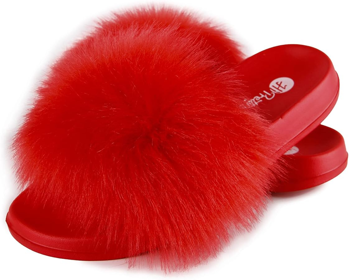 Women's Faux Fur Slides, Open Toe Cute Fur Slippers, Indoor or Outdoor Comfortable Furry Slide Sa... | Amazon (US)