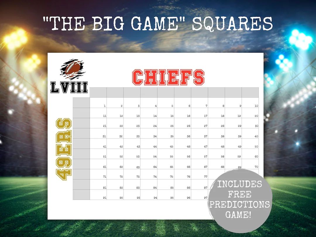 Super Squares Game, Chiefs Vs 49ers Football Grids, Printable Football Game Squares, Superbowl, S... | Etsy (US)
