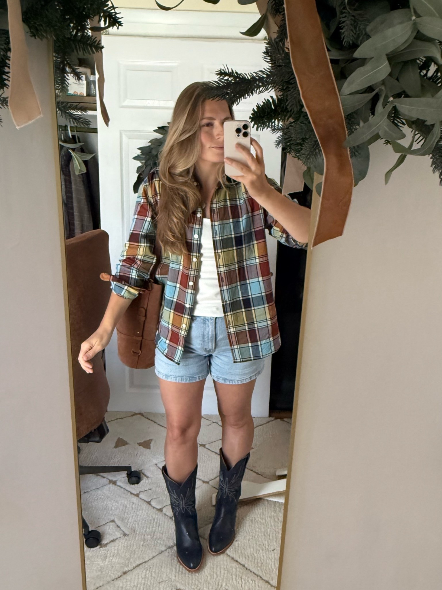Summer to fall transition outfit, ootd, plaid shirt, pre fall, early arrivals, cowboy boots, suede tote, outfit staples

#LTKxMadewell #LTKmomlife