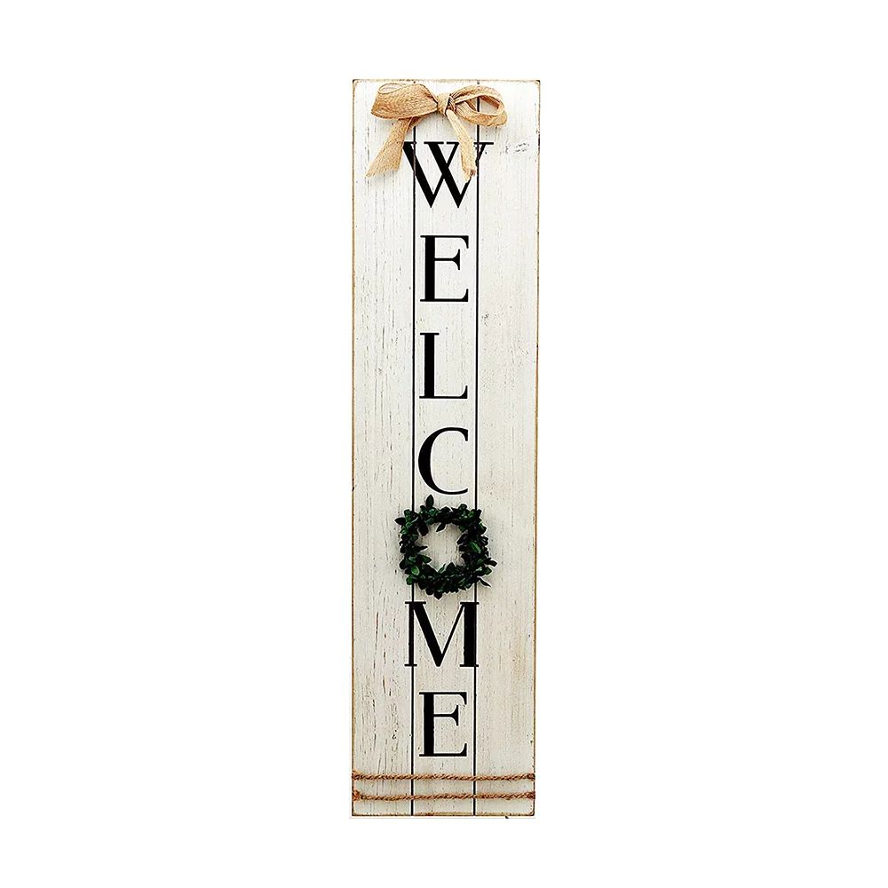 Parisloft Vertical Whitewashed Wood Welcome Sign with Green Wreath, Farmhouse Decor， 31.5'H - W... | Walmart (US)