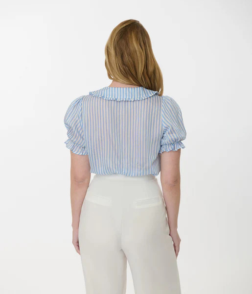 Smak Parlour Blue & White Striped Puff Sleeve Blouse | UniqueVintage