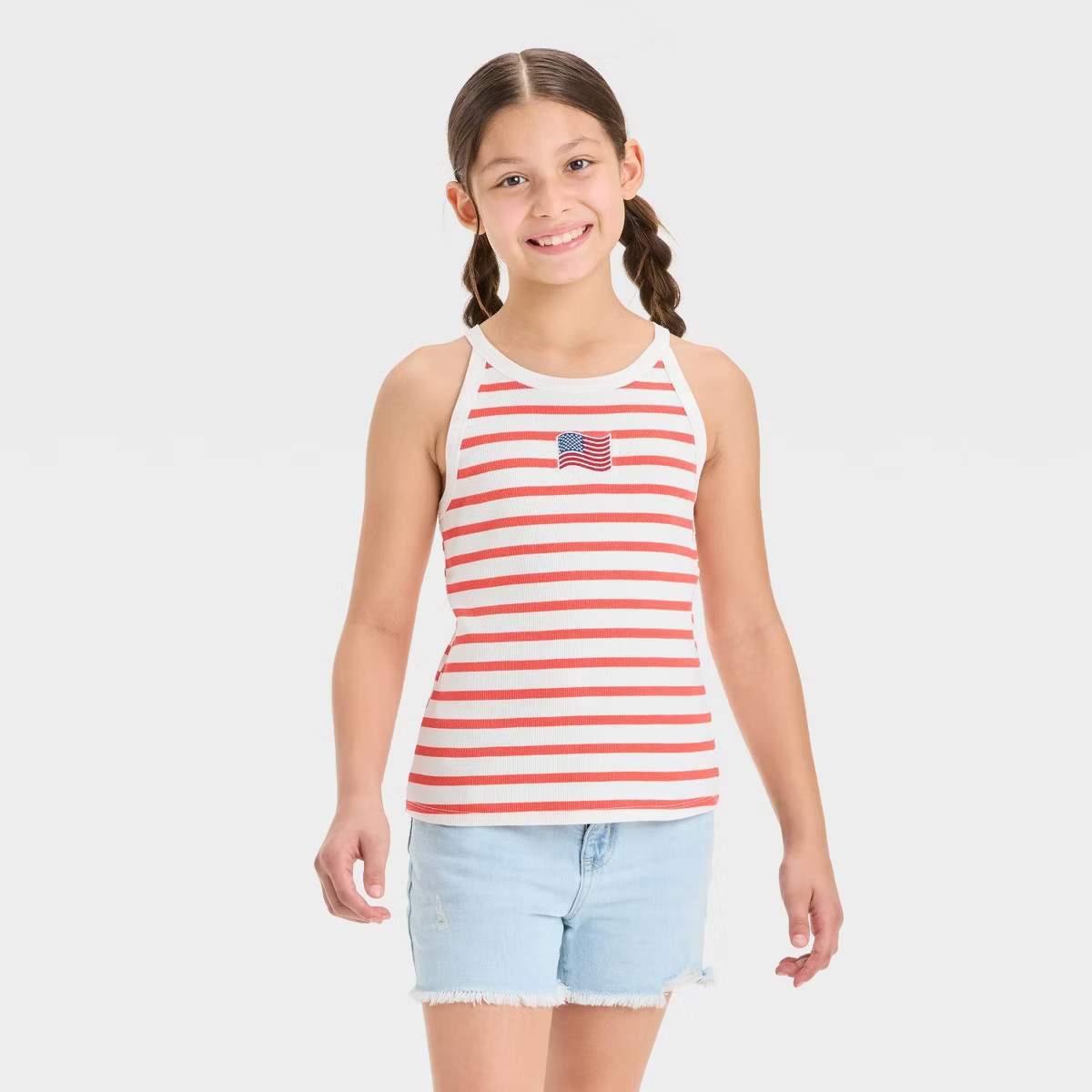 Girls' American Flag Striped Graphic Tank Top - art class™ Red/Off-White | Target