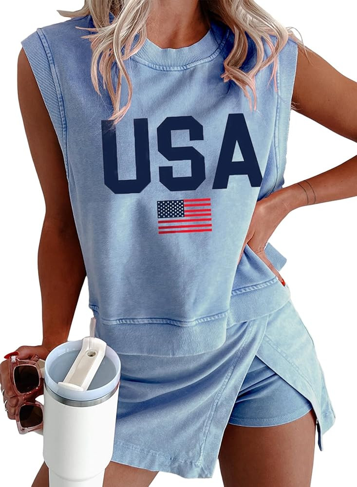 KevaMolly Womens Travel Outfits Summer Lounge Set Two Pieces Mineral Wash Cotton Tank Top Lined S... | Amazon (US)