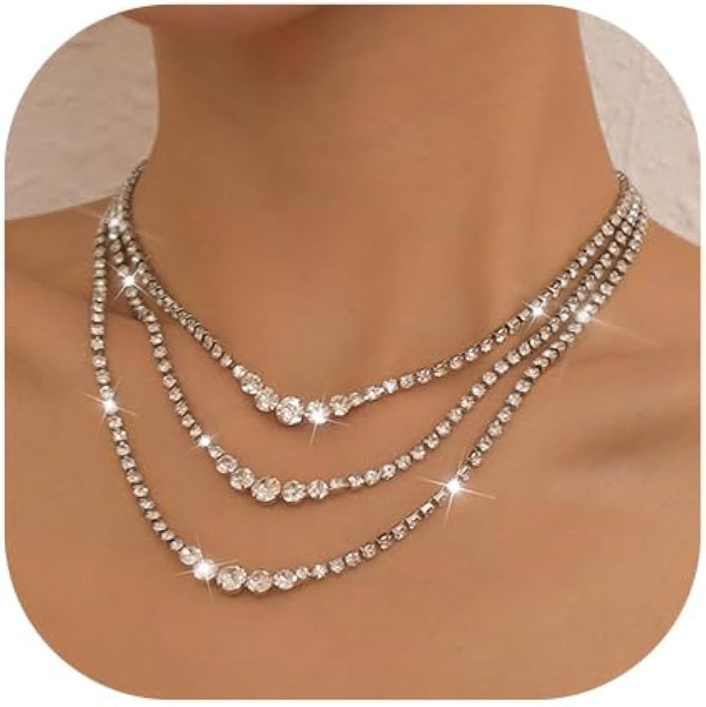 Sixexey Layered Rhinestone Necklaces Silver Crystal Necklace Chains Sparkly Party Necklace Jewelr... | Amazon (US)