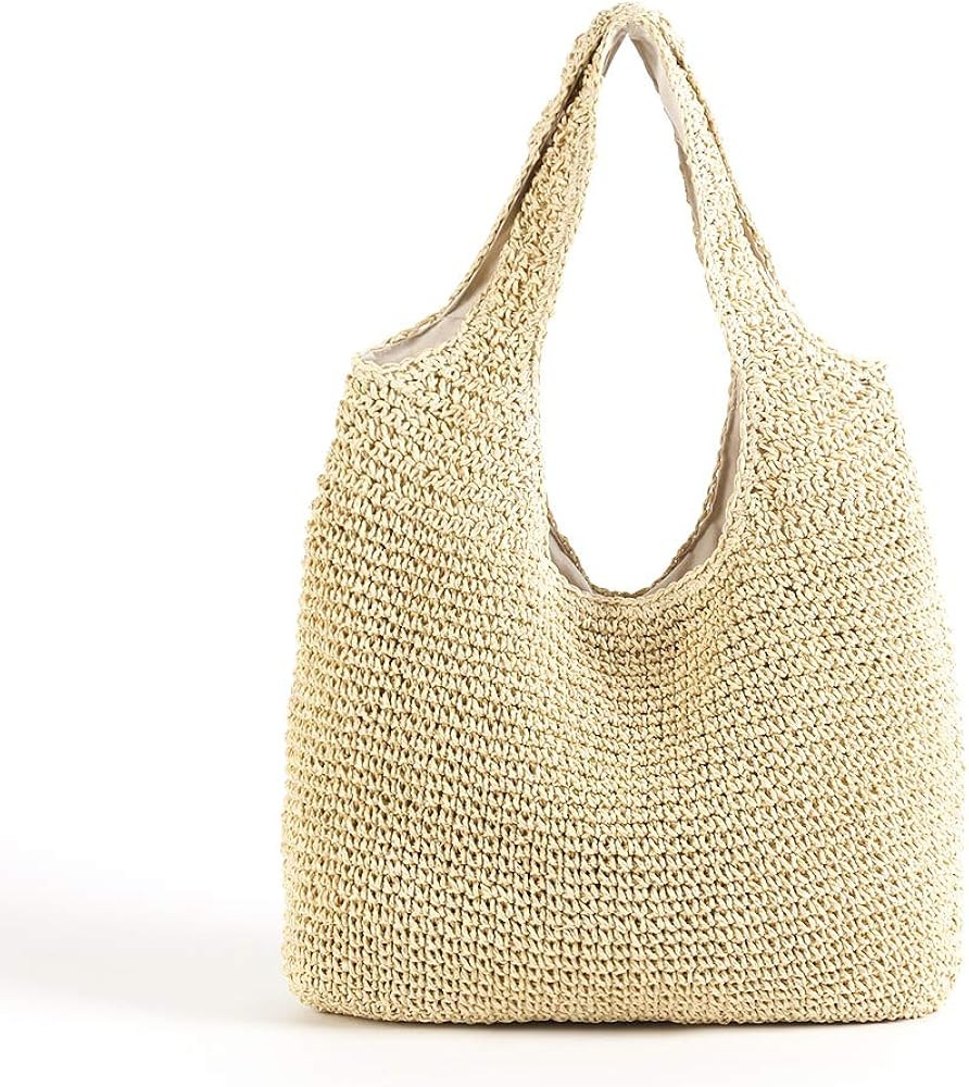 QTKJ Hand-woven Soft Large Straw Shoulder Bag Boho Straw Handle Tote Retro Summer Beach Bag Ratta... | Amazon (US)