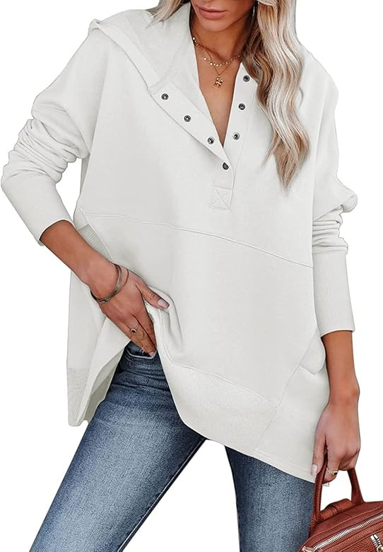PAODIKUAI Women Casual Button Hoodies Oversized V Neck Long Sleeve Pullover Sweatshirt Hooded Top... | Amazon (US)