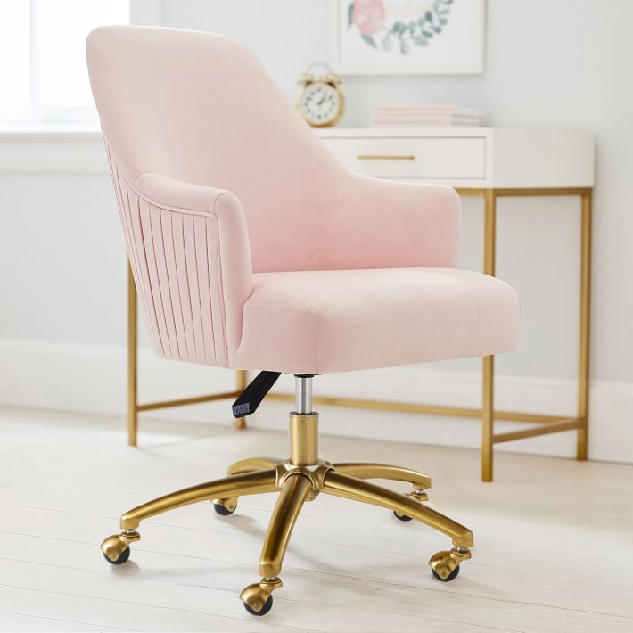 Performance Everyday Velvet Pleated Swivel Desk Chair - Rose | Pottery Barn Teen