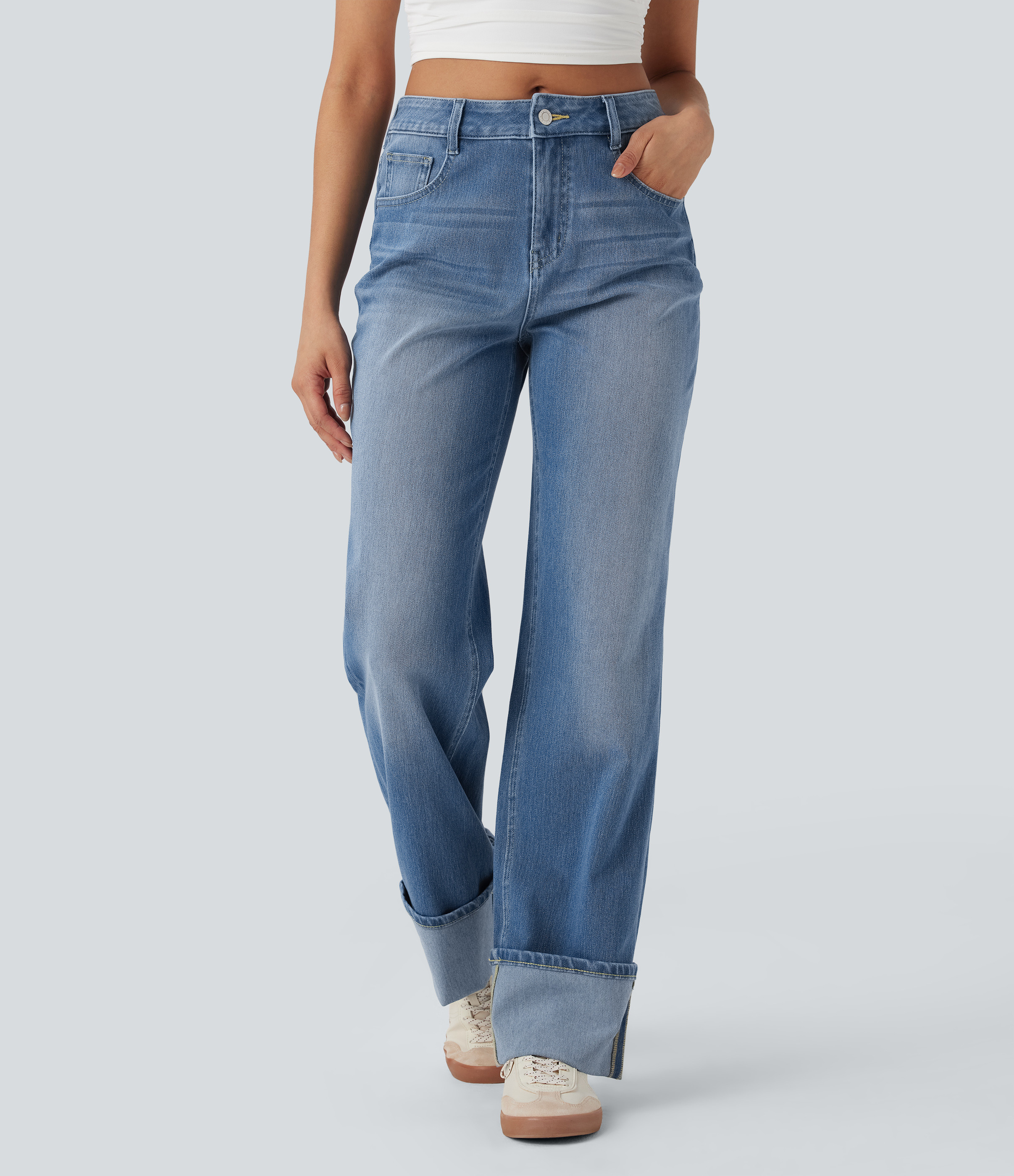 Halara Halara Flex™ Mid Rise Rolled Hem Casual Straight Leg Jeans with Pockets - Blue Jasper Denim - S(regular) | HALARA