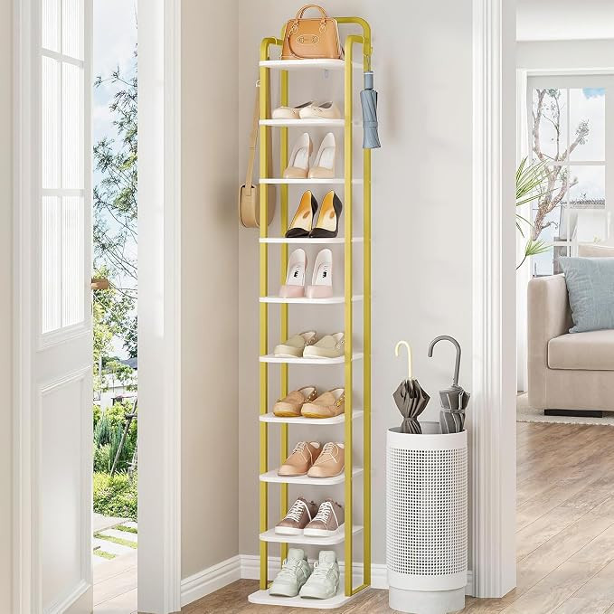Hzuaneri 10 Tiers Vertical Shoe Rack, Narrow Shoe Tower, Tall Shoes Shelf with 2 Hooks, Adjustabl... | Amazon (US)