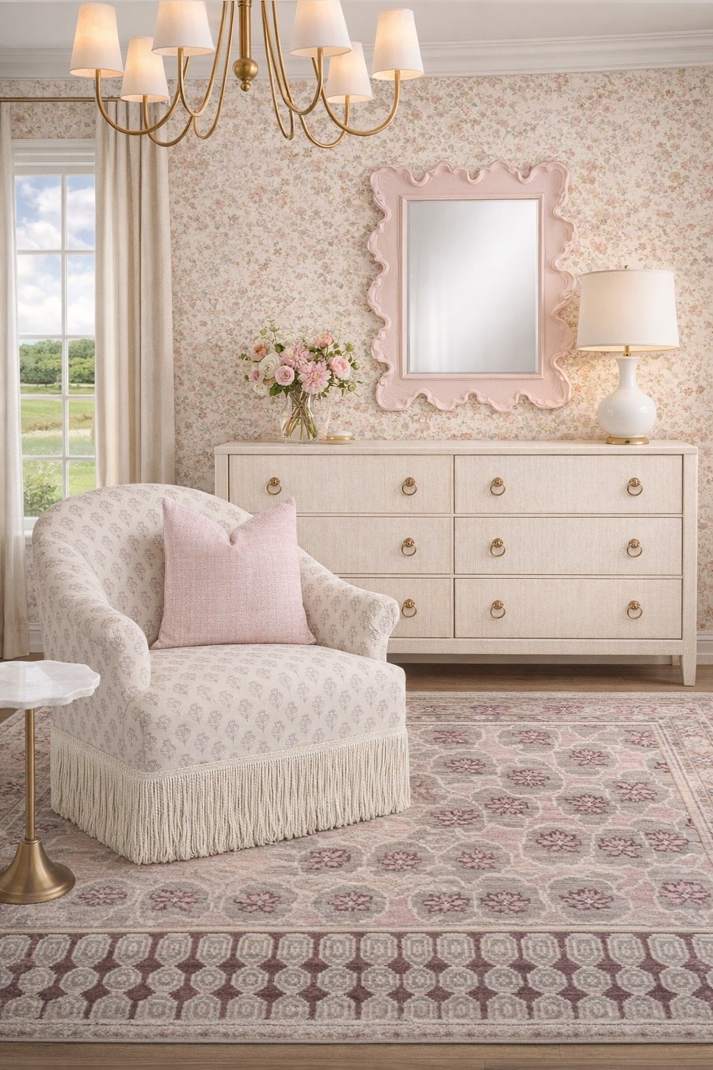 A girly space for little or big girls 

#bedroom #wallpaper #dresser #rug 

#LTKHome #LTKKids #LTKSaleAlert