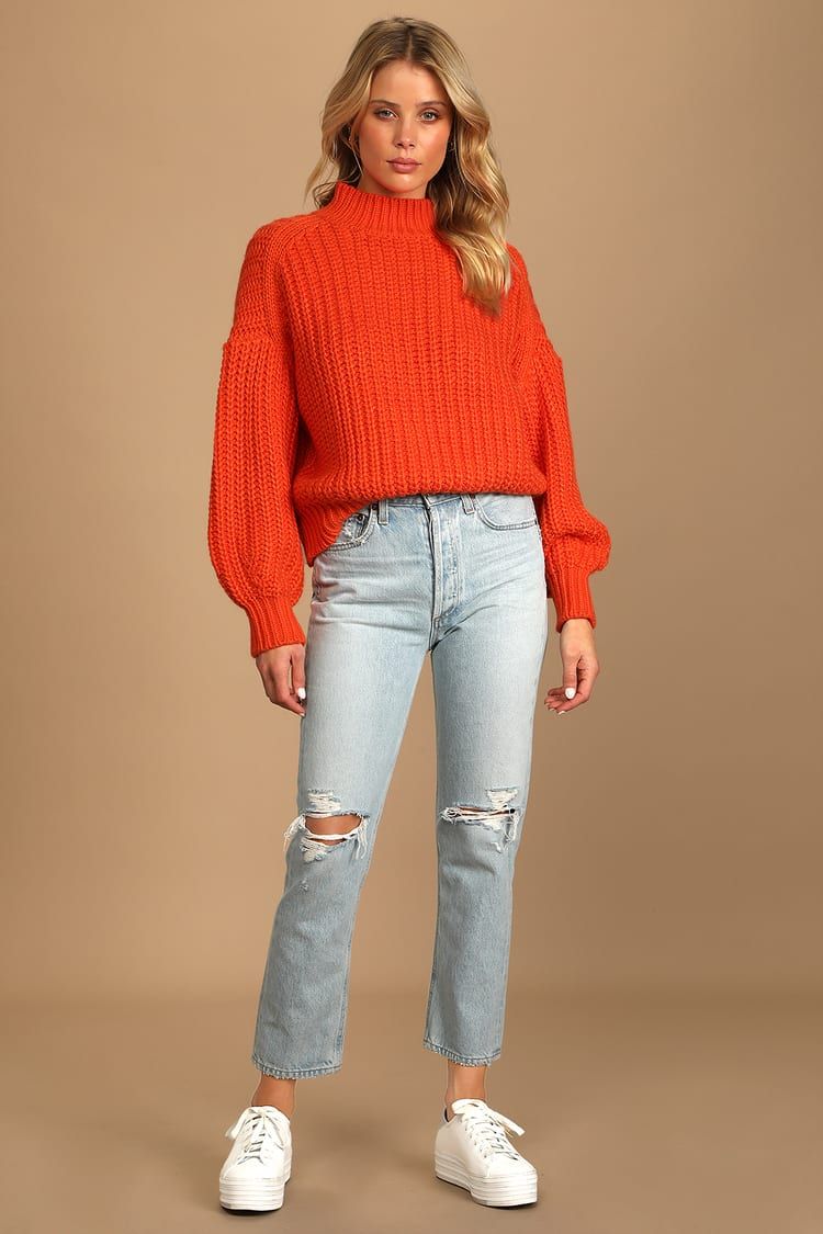 Bright and Ready Orange Knit Mock Neck Pullover Sweater | Lulus (US)