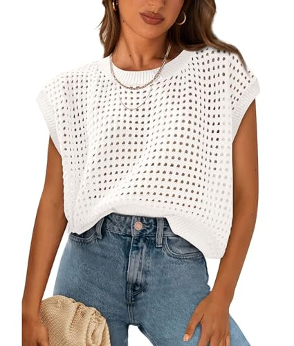 PRETTYGARDEN Womens Spring Tops 2025 Summer Shirts Crochet Cap Sleeve Sweater Pullover Cute Beach Vacation Clothes(White,Medium) | Amazon (US)