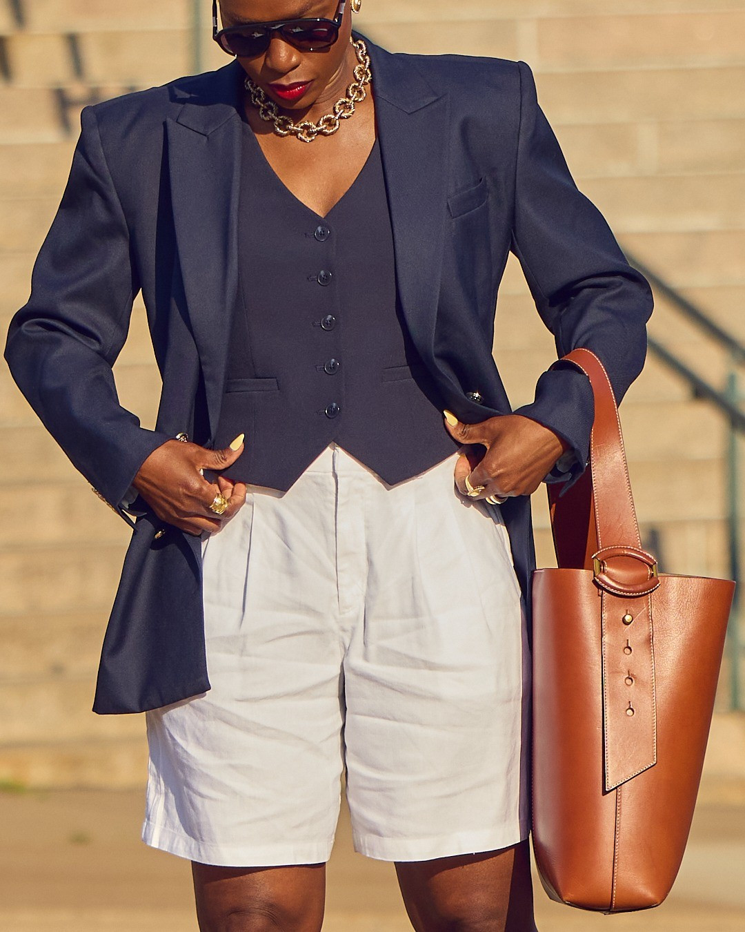 It's white shorts season! Love these shorts for dressing up and down. I sized up! Pair with a vest and blazer for an elevated casual vibe 💙🤍 Macy's Summer collection, Express, Cuyana, women's loafers, Summer sales, Summer outfit inspo, large leather tote, navy blue outfit

#LTKootd #LTKOver40 #LTKTall