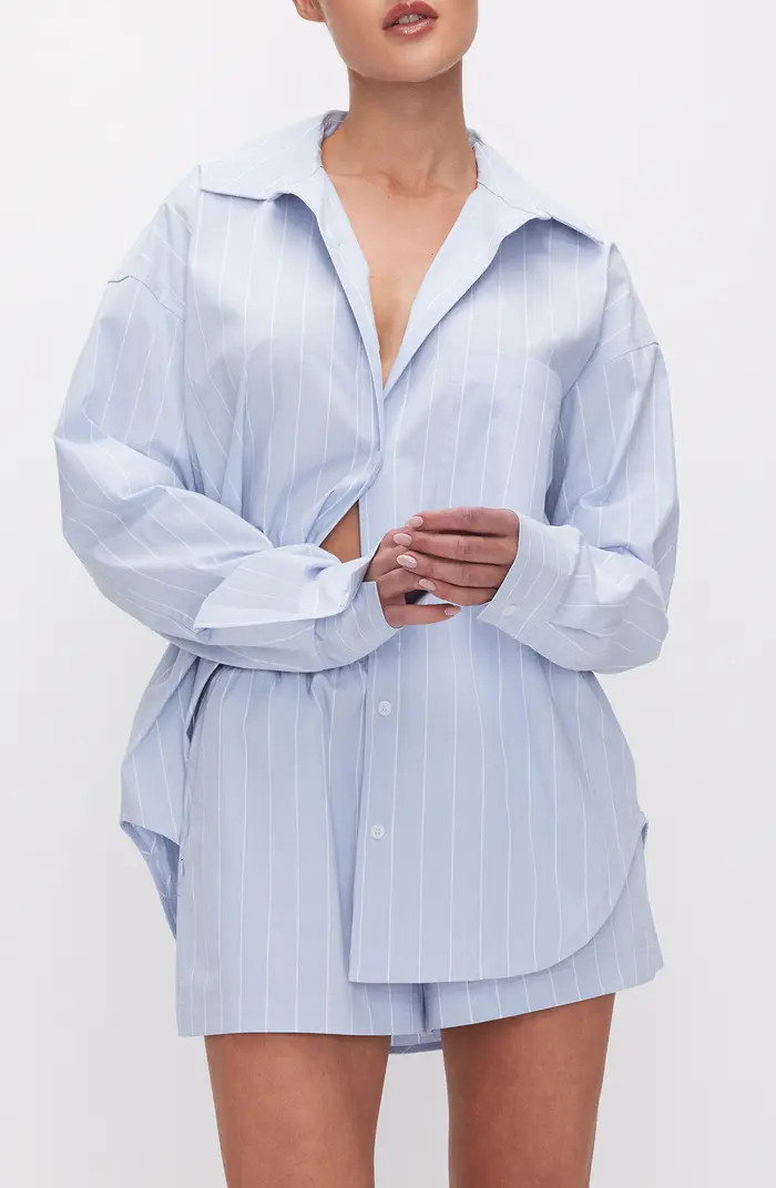 Good American Oversize Stripe Stretch Cotton Poplin Button-Up Shirt | Nordstrom | Nordstrom