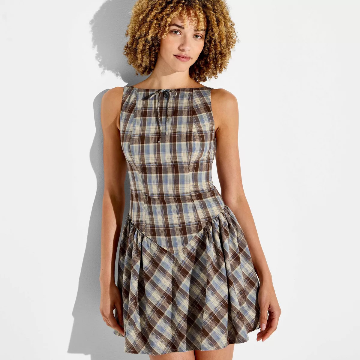 Women's Dropped Waist Mini Skater Dress - Wild Fable\u2122 Brown Plaid M | Target