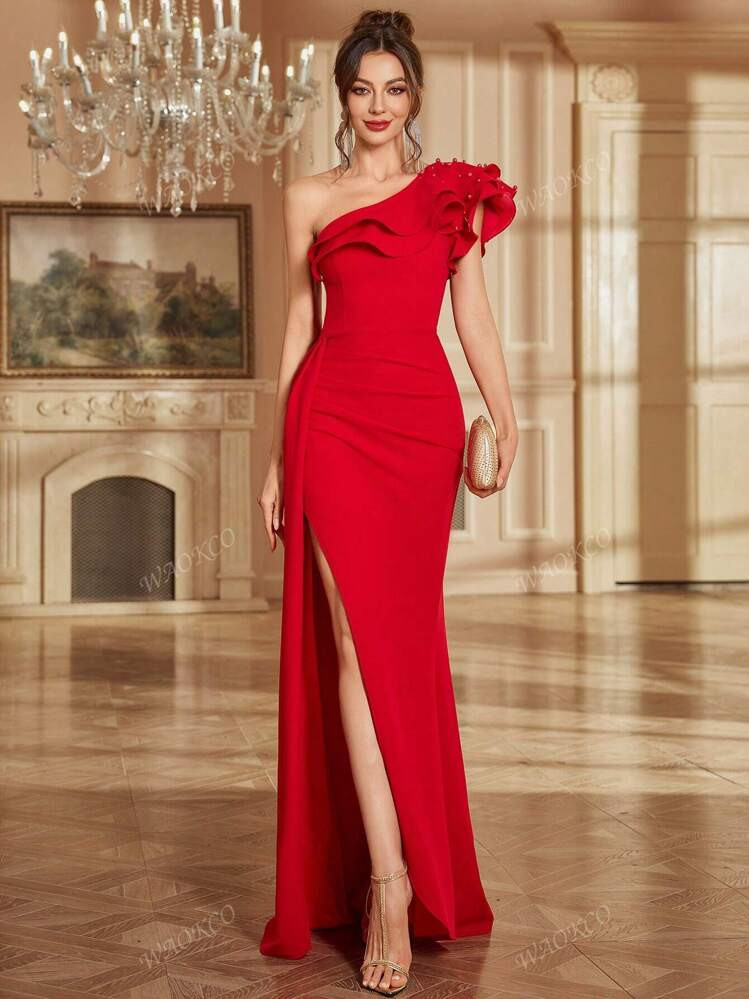 Spring/Summer High Slit Beaded Ruffled Hem Fitted Formal Dress For Wedding Party, Wedding Guest Dress, Evening Dress, Gown | SHEIN