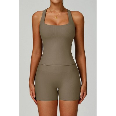 Attraco Women's 2-Piece Ribbed Square Neck Y-Back Active Set with Removable Pads and High-Waisted Shorts Sport Set Brown M/10 | Target