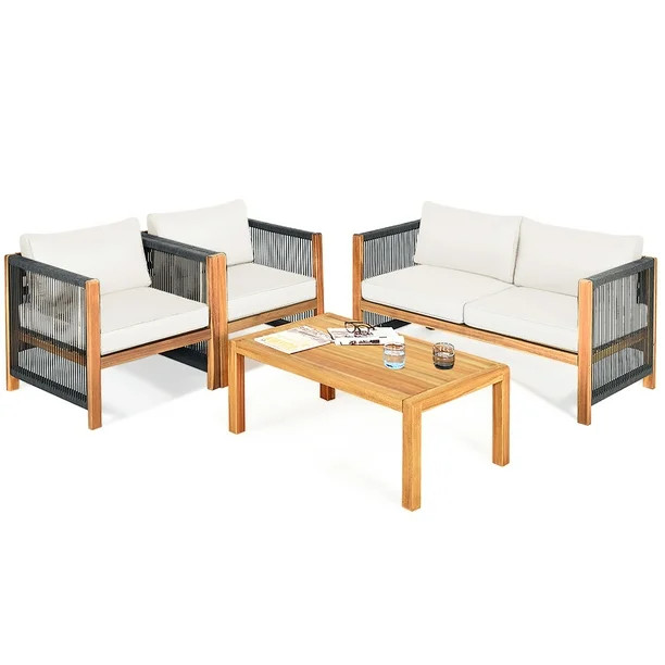 Gymax 4PCS Acacia Wood Outdoor Patio Furniture Conversation Set W/ White Cushions | Walmart (US)