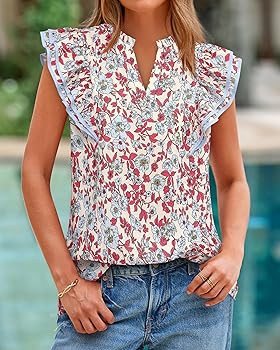 BTFBM Womens Tops Dressy Casual 2026 Spring Summer Shirts Boho Floral V Neck Ruffle Cap Sleeve Bu... | Amazon (US)