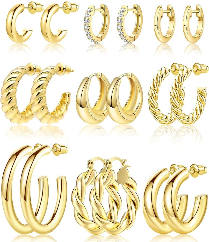 Adoyi 9 Pairs Gold Hoop Earrings Set for Women Gold Twisted Huggie Hoops Earrings 14K 18K Gold Plated for Girls Gift Lightweight | Amazon (US)