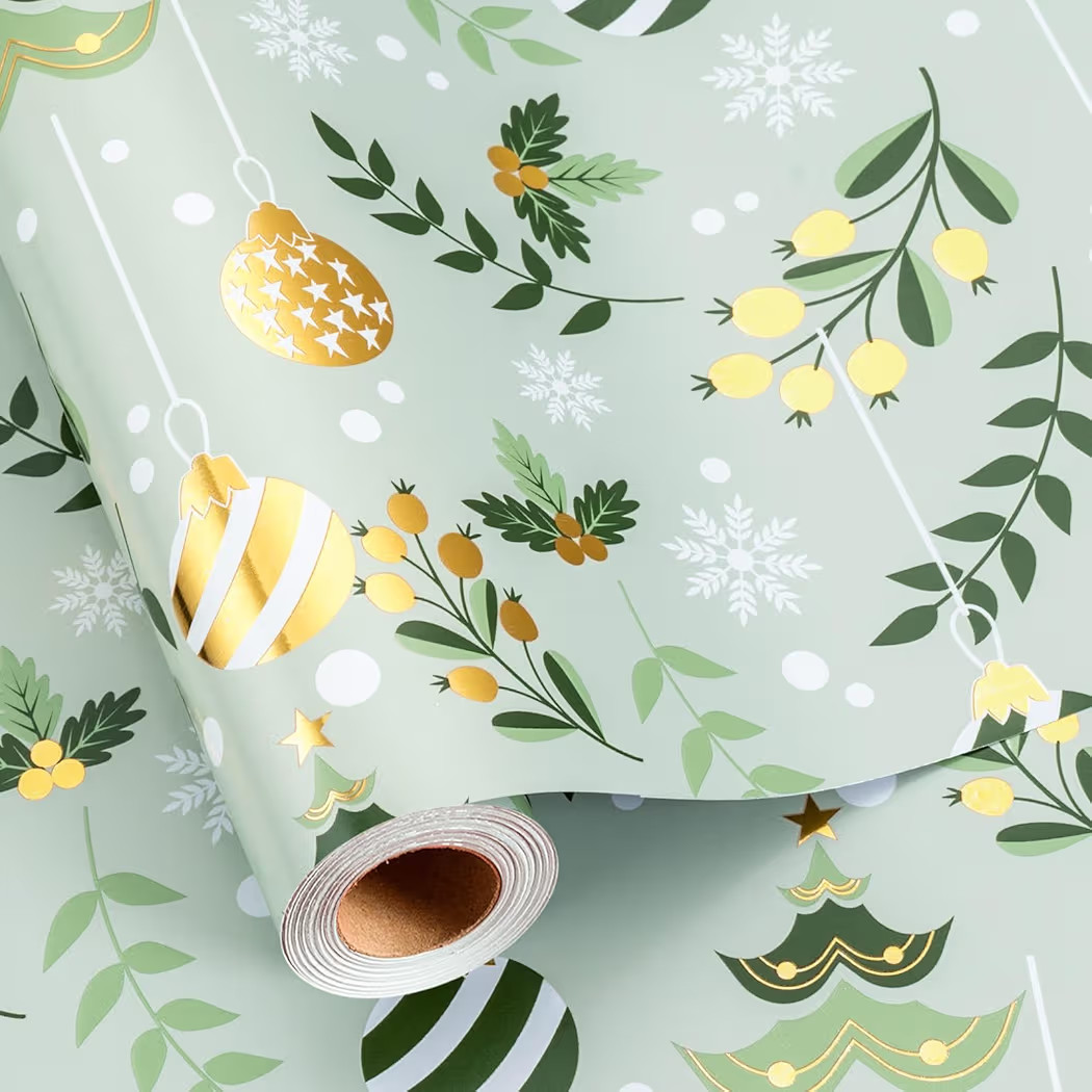 Retrify Light Green Wrapping Paper Roll - Metallic Gold Foil Bells, Berry and White Snowflake Min... | Amazon (US)