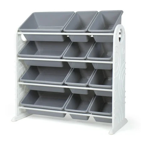 Your Zone White Kids Plastic Toy Storage Organizer with 12 Grey Colored Plastic Storage Bins | Walmart (US)